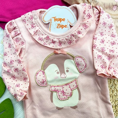 Kit 3 Peças - Bodys Manga Longa Gatinha, Cachorrinha e Pinguim - Bordo, Rosa e Areia